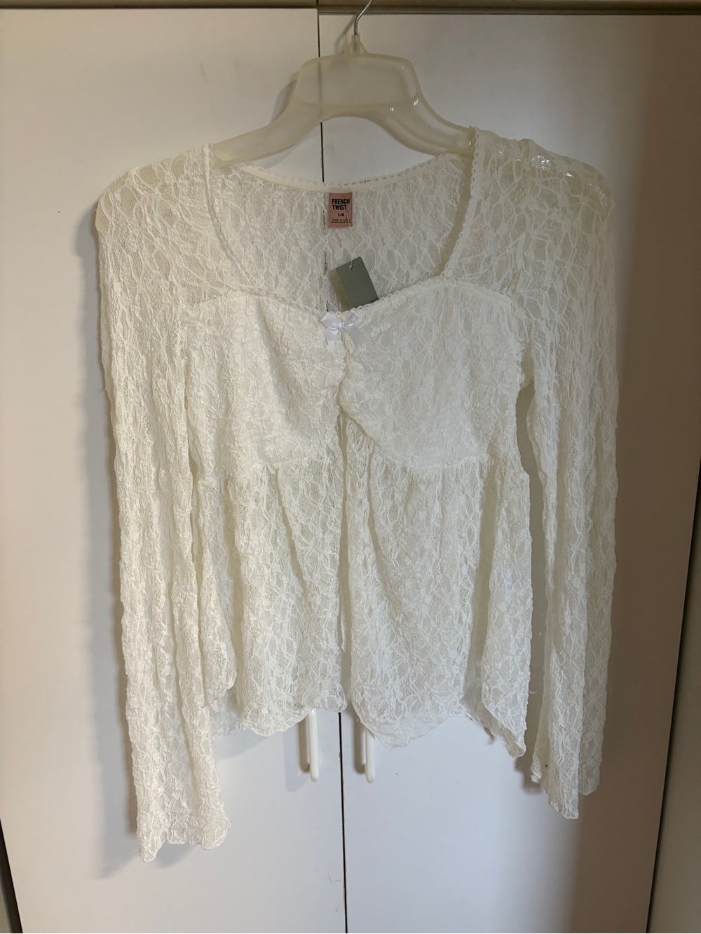 Y2K French Twist Ivory Lace Asymmetrical Long Sleeve Boho Blouse Large GUC